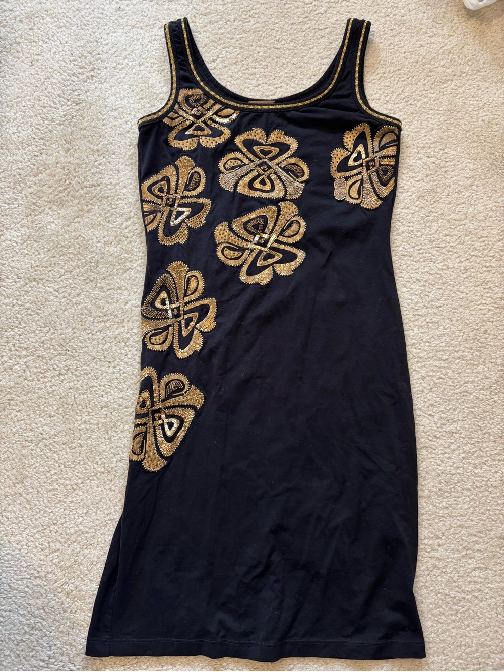 Galliano Black Midi Dress with Gold Embroidery